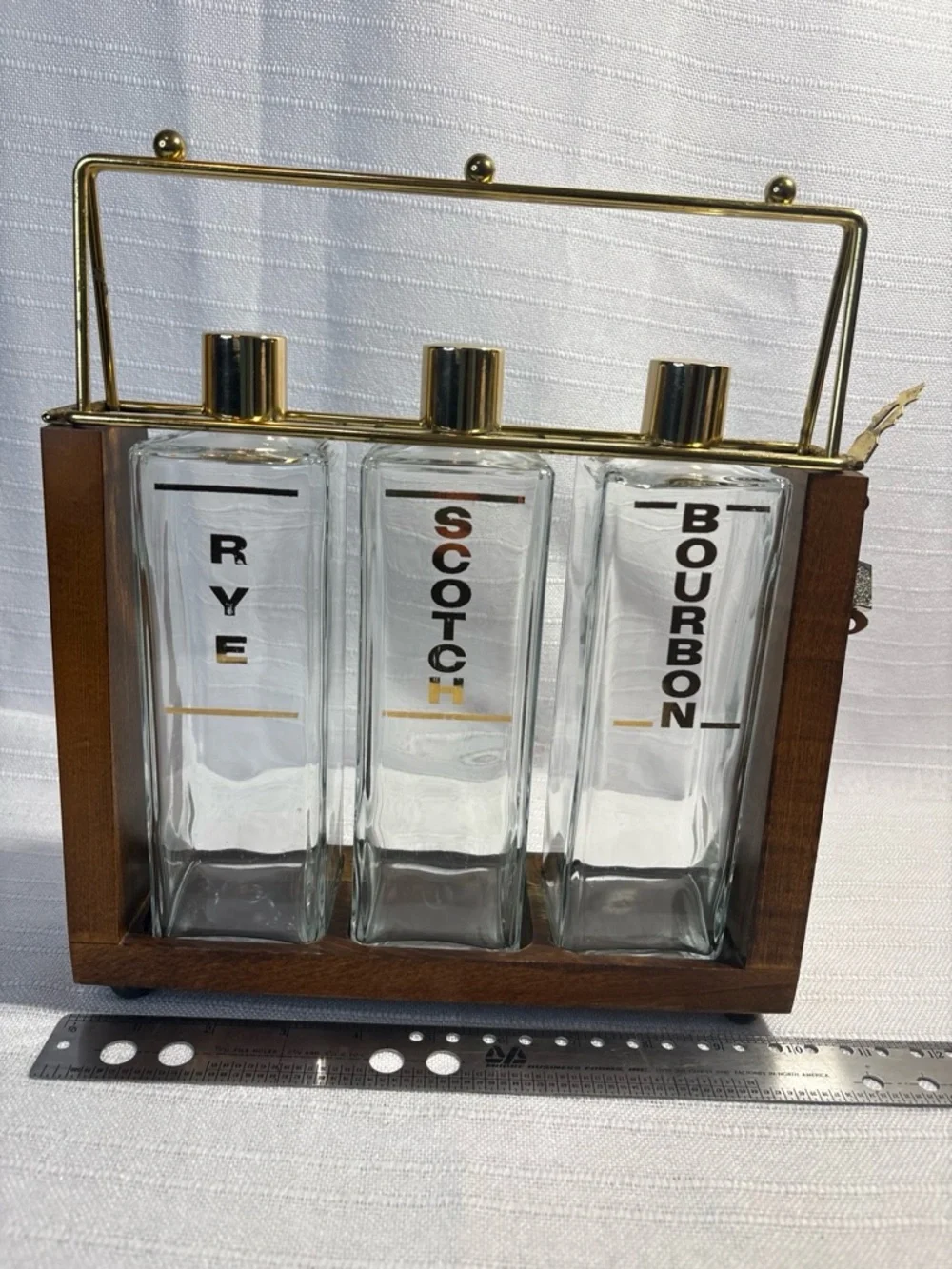 Vintage Liquor Decanter Set Wood Brass Glass Lockable Caddy EUC